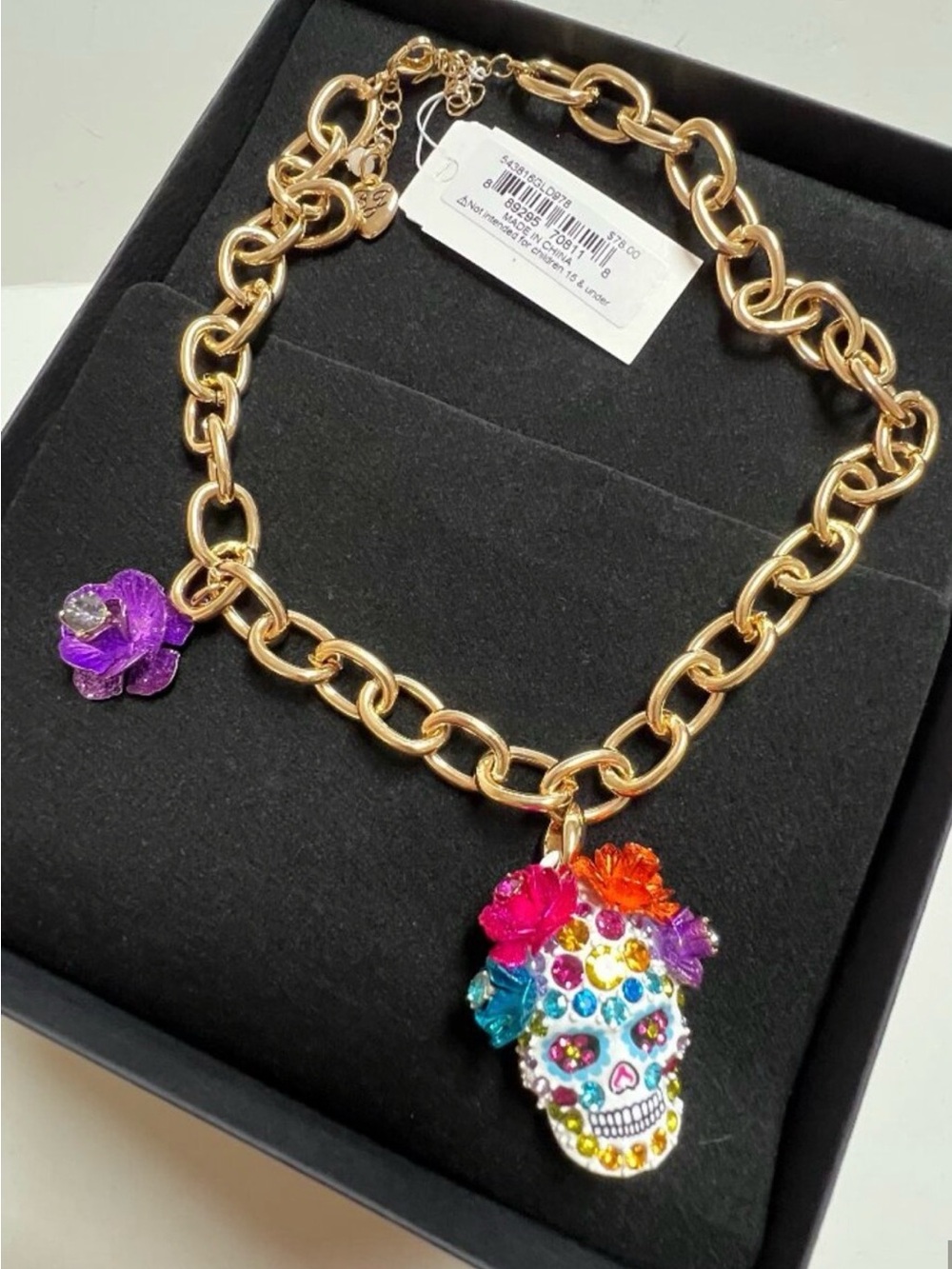 Betsey Johnson Gold Chain Necklace with Colorful Sugar Skull and Flower Charm